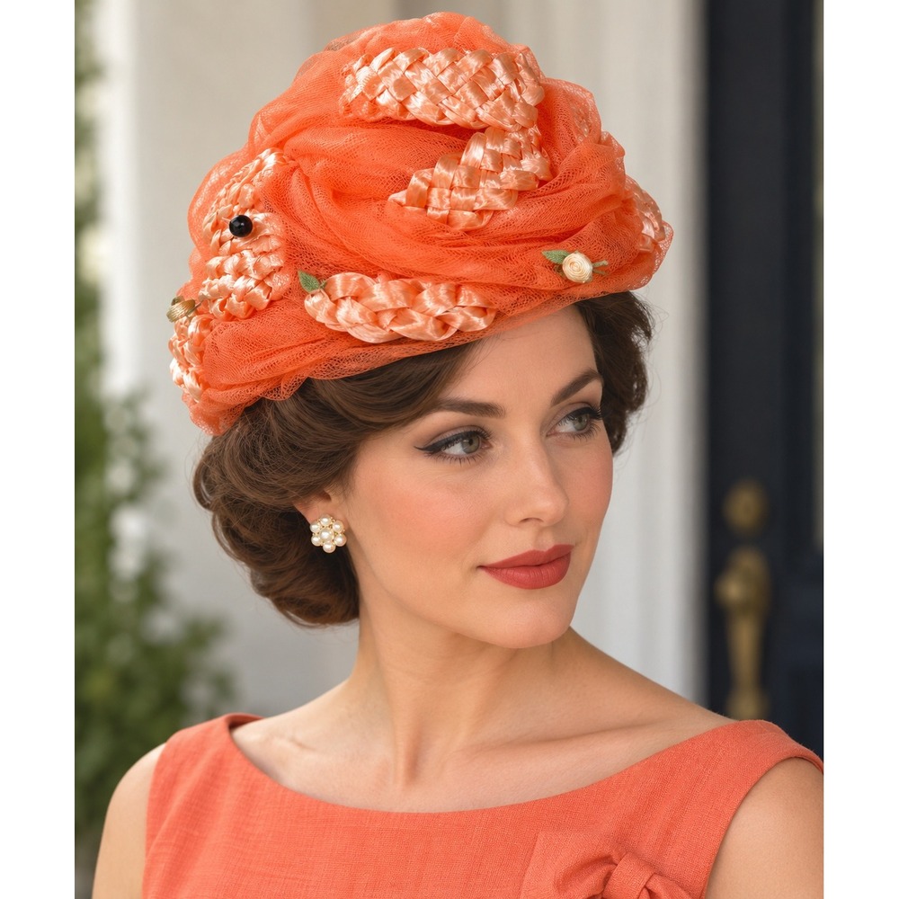Vintage 1950s Sculptural Orange Cocktail Hat Church Tulle Braided Mid Century
